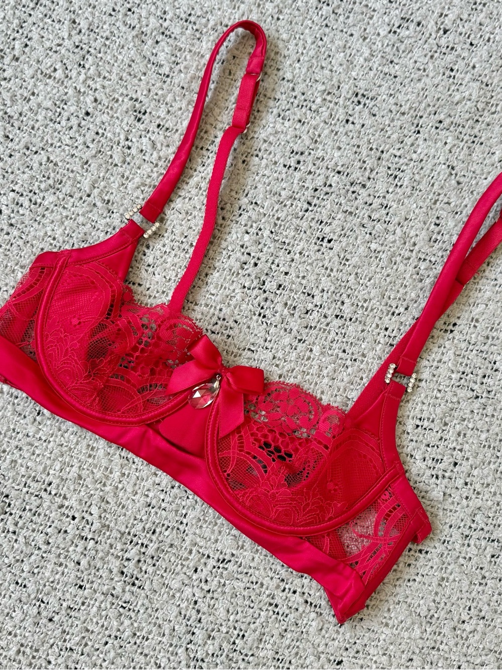 Honey Birdette Red Lace Underwire Bra with Jewel Bow Size 32A